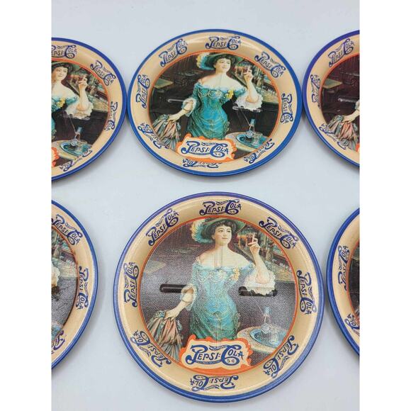 Vintage Victorian Lady Pepsi Cola Tin Coasters Set Of 9 Round 3 1/2 inch - Picture 7 of 13